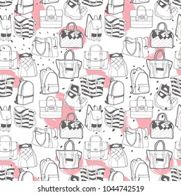Vector seamless fashion pattern with various bags. Hand draw sketch.