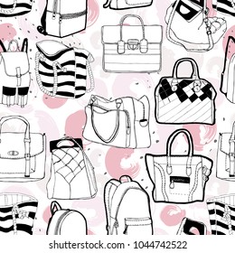 Vector seamless fashion pattern with various bags. Hand draw sketch.