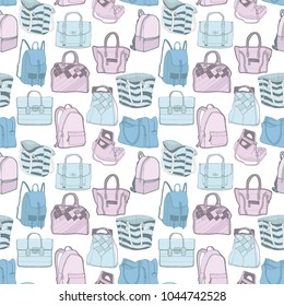 Vector seamless fashion pattern with various bags. Hand draw sketch.