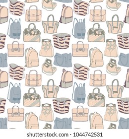 Vector seamless fashion pattern with various bags. Hand draw sketch.