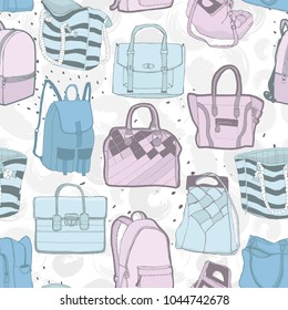 Vector seamless fashion pattern with various bags. Hand draw sketch.