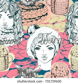 Vector seamless fashion pattern with yang girls in knitting scarf and hat, slipped  cat, cup of coffee with marshmallows. Ink drawn illustration for print, textile, fabric, wrapping and other design. 