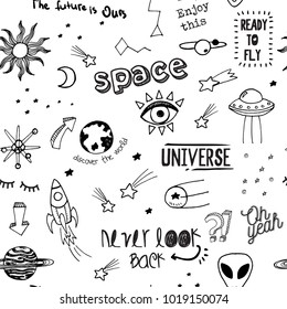 Vector seamless fashion sketch hand drawn pattern with space patches, lettering never look back, oh yeah, the future is ours, ready to fly, enjoy this, discover the world, sticker pack, notes, pins