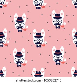 Vector seamless fashion trendy pattern for clothes, fabric, paper, web design with hipster white rabbit smoking pipe, mustache, hat, polka dot baw, closed eyes, glasses, hearts, stars on pink 