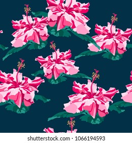 Vector seamless fashionable graphical free hand drawing hibiscus flowers with palm tree leaves print on dark black background. tropical spring summer illustration.