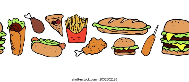 Vector seamless fast food border in flat style. horizontal strip drawn in doodle pizza, burger, sandwich, shawarma, chicken leg, french fries on white for menu design template, packaging labels