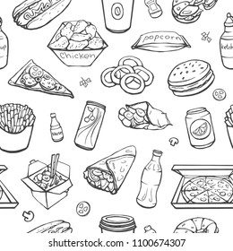 Vector seamless fast food pattern. Isolated hand drawing of food on white background