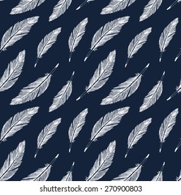 Vector seamless feather pattern in sketch style. Hand drawing plumage endless texture