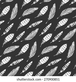 Vector seamless feather pattern in sketch style. Hand drawing plumage endless texture