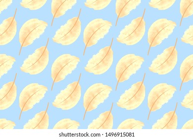 Vector seamless feather pattern. Watercolor style in pastel colors. Isolated elements on light blue background. For fabric, wallpaper, wrapping paper. For school children, babies.