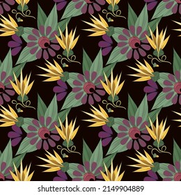 Vector seamless feminine bright floral tropical pattern for fabric design, hijab, textile, on black background.