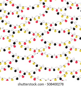 Vector seamless festive christmas background with a pattern of red, black and gold garlands light bulbs
