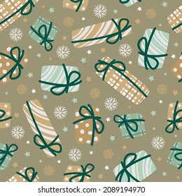 Vector seamless festive christmas pattern. Flat green, gold, white gifts, snowflakes, stars isolated on bronze background.
