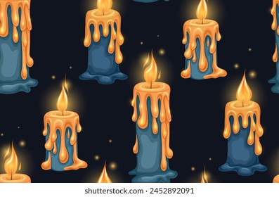 Vector seamless festive pattern with blue wax candles. Religion surface design. Texture with burning candles with sparkle on a dark background for wallpaper, fabrics. 