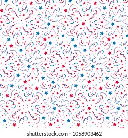 vector seamless festive pattern of confetti and stars, blue and red