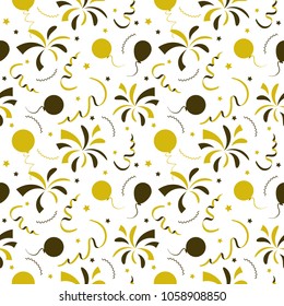 vector seamless festive pattern confetti,  fireworks and balloons, gold and black