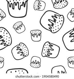 Vector seamless festive pattern with Easter cake. Hand drawn doodles on white background
