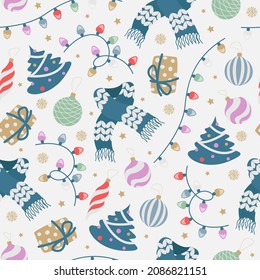 Vector seamless festive pattern. Flat multicolored knitted scarf, gift boxes, garlands, Christmas toys, snowflakes, stars isolated on gray background.
