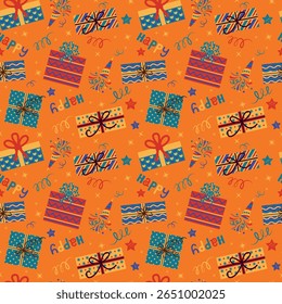 Vector seamless festive pattern with gift boxes, poppers, stars and confetti on orange background. Perfect for festive wallpapers, wrapping paper and textiles.