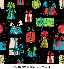 Vector seamless festive pattern. Hand drawn gifts on black background.