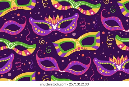 Vector seamless festive pattern with masks, confetti, ribbon on violet background. Texture on the Mardi Gras holiday. Flat hand drawn holiday wallpaper for your creativity