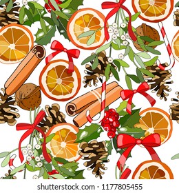 Vector seamless festive pattern with traditional christmas symbols. Endless textures for Christmas design, fabrics, Wallpapers, greeting cards, wrappers.
