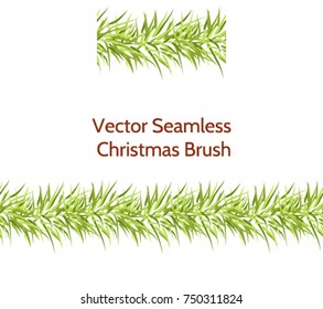 Vector seamless fir tree brush. Green Christmas tree branch pattern brush. Festive new year design. Good for frames, cards, Christmas decoration.