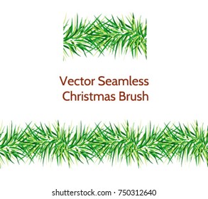 Vector seamless fir tree brush. Green Christmas tree branch pattern brush. Festive new year design. Good for frames, cards, Christmas decoration
