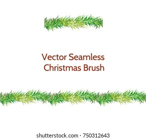 Vector seamless fir tree brush. Green Christmas tree branch pattern brush. Festive new year design. Good for frames, cards, Christmas decoration