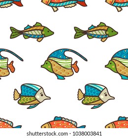 Vector seamless fish pattern. Cartoon fish swim on white background. Boundless background can be used for web page backgrounds, wallpapers, wrapping papers and invitations.