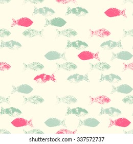 Vector seamless fish pattern (Grunge Ink Stamp). Pastel color palette with pink and sea green colors. Stylish texture for consumer industry design, interior decoration etc