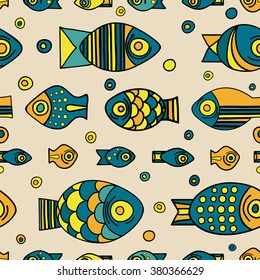 Vector seamless fish pattern. Repeating background with tropical fish and bubbles. Set of fish, sea pattern. Great for web page, wallpaper, fabric, cover, poster, scrapbook elements, and more