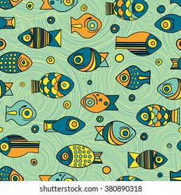 Vector seamless fish pattern. Repeating background with tropical fish, bubbles. Set of fish, sea pattern. Great for web page, wallpaper, fabric, cover, pattern fills, wrapping paper, poster, and more