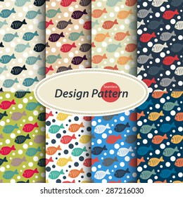 Vector seamless fish pattern set.Sea.Summer.Marine life