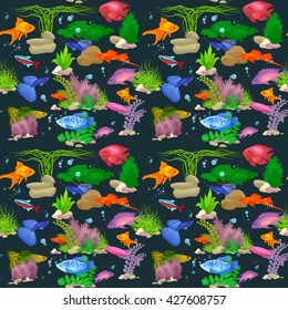 vector seamless fish swimming pattern under the sea, animal in the ocean water, underwater tropical life texture, aquarium graphic background
