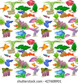 vector seamless fish swimming pattern under the sea, animal in the ocean water, underwater tropical life texture, aquarium graphic background
