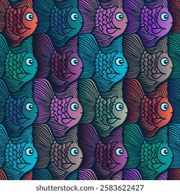 Vector Seamless Fish Tessellation Pattern with Large Eyed Cartoon Fish in Dark Gradient Tones