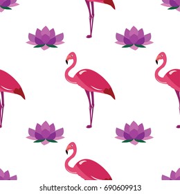 Vector seamless flamingo with nymphaea or lotus flower pattern. Template for cover, wallpaper or fabric with pink flamingo bird and purple lotus flower