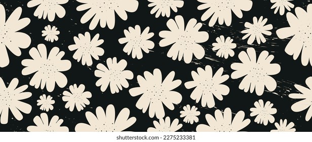 Fondo plano sin fisuras del vector. Impresión floral abstracta simple en blanco y negro. Diseño elegante. Perfecto para decorar un testículo, salvapantallas, afiche, tarjeta, invitación o decoración de casa.