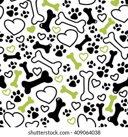 Vector seamless flat hand drawn dog pattern with bones, hearts, paw trace different sizes isolated on white background. Packaging paper design, pet food accessories package.