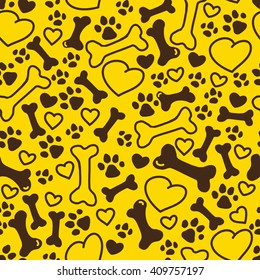 Vector seamless flat hand drawn dog pattern with bones, hearts, paw trace different sizes isolated on yellow background. Packaging paper design, pet food accessories package.