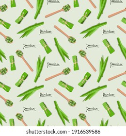 Vector seamless flat lay pattern of pandan leaves, shredded pandan spices in wooden spoon and wrapped leaves on green background