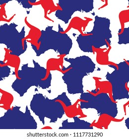 Vector seamless flat pattern of Australia and kangaroo. 26 january - national Australian holiday and a vacation. Map of Australia. Design for web page, fabric, wallpaper, textile, flyers, brochures.