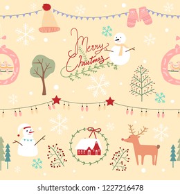 Vector seamless flat pattern of cute Christmas cartoon with Hand drawn, calligraphy, animals snowball, light bulb and ornament decoration on green background.