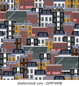 vector seamless flat pattern with different city buildings. cityscape background