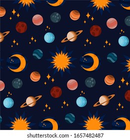 Vector seamless flat pattern. Galaxy collection.  Space design elements as sun, crescent moon, stars, planets of solar system (mars, venus, mercury, pluto, neptune, jupiter, saturn)