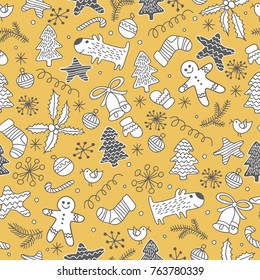Vector seamless flat pattern  of Happy New Year and Christmas Day. Seamless pattern of doodle, for wrapping paper, cloth, background