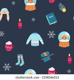 Vector seamless flat pattern with icons sweatr, glass ball, snowflakes, candle, hat, book, cup of Happy New Year and Christmas Day