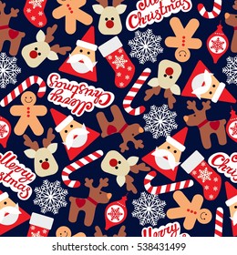 Vector seamless flat pattern with icons of Happy New Year and Christmas Day