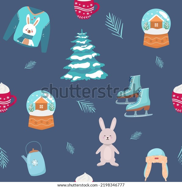 Vector seamless flat pattern with icons deer, tree,\
car, gifts, mittens, hat, skates, jacket, cup of Happy New Year and\
Christmas Day